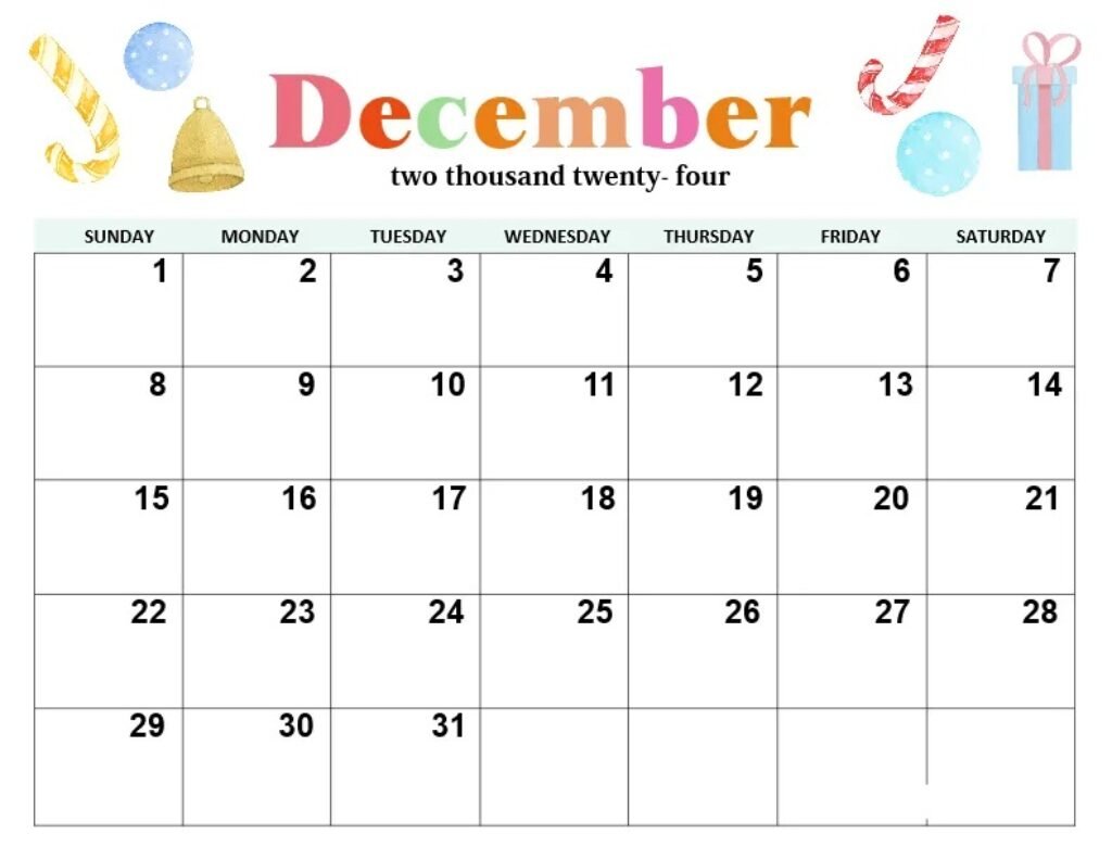 December calendar printable 2024 Christmas candies