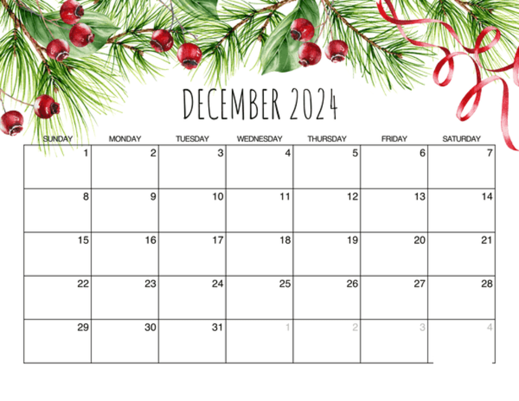 december calendar 2024 printable christmas