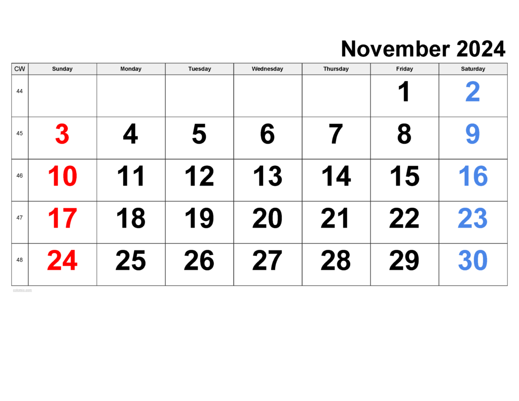 november 2024 calendar week numbers