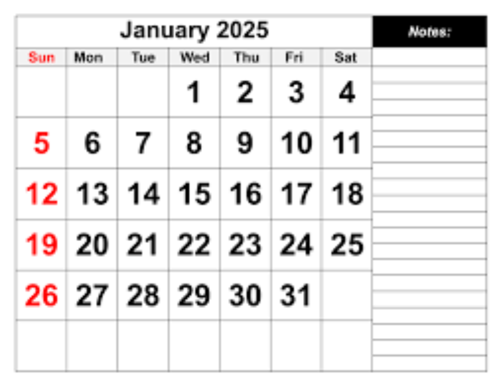 January 2025 calendar PDF