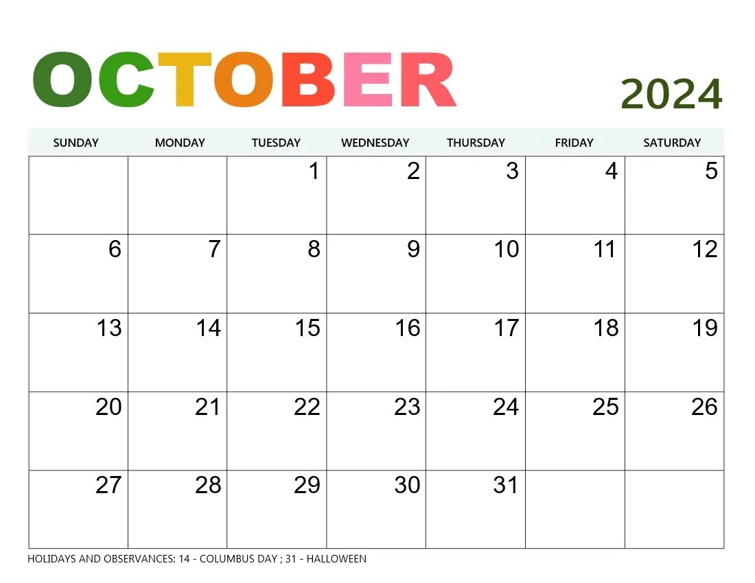 October 2024 calendar printable