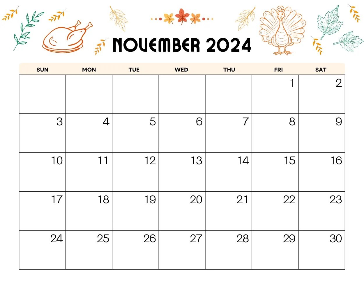 printable November 2024 calendar Thanksgiving